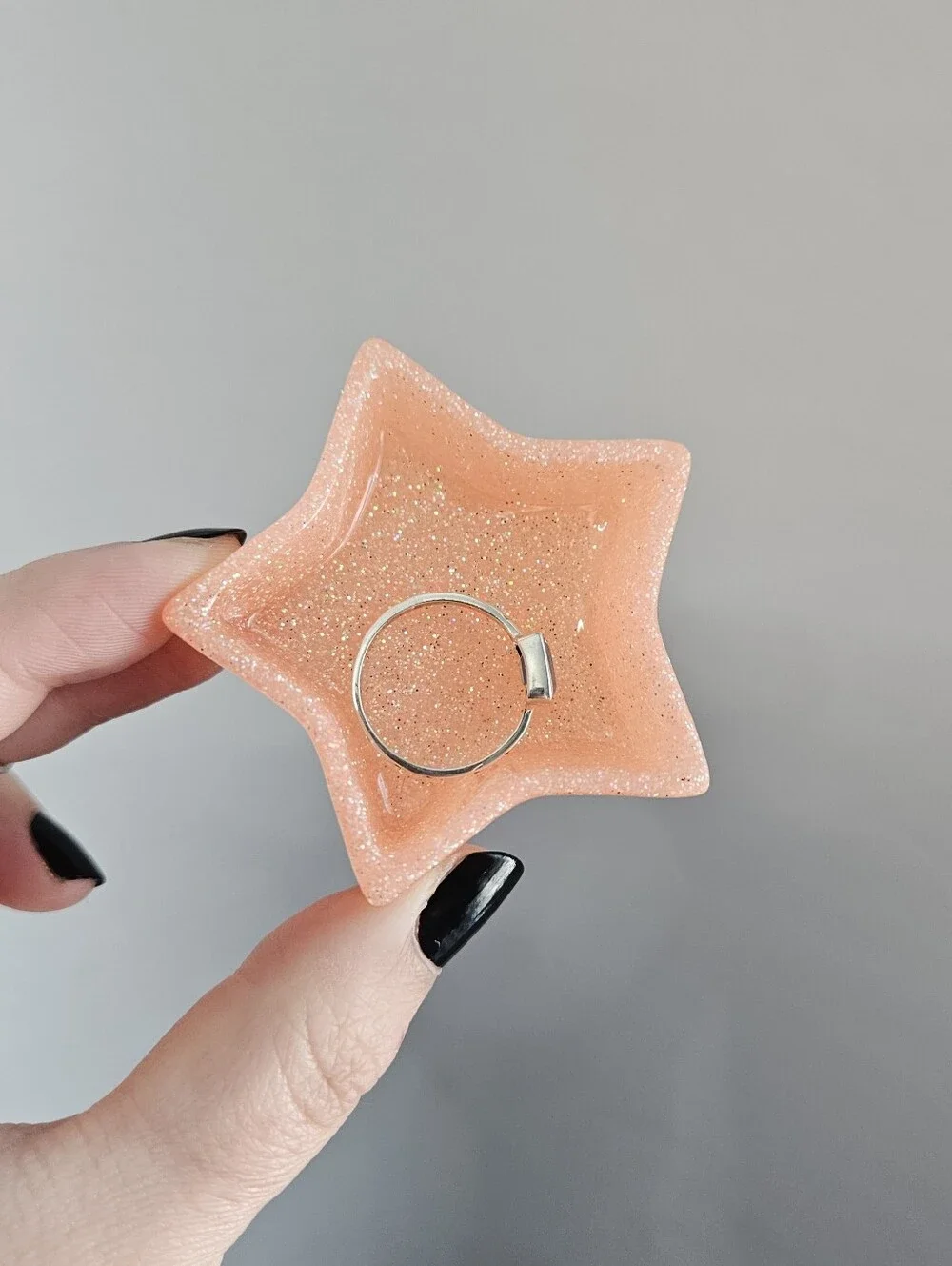 Handmade Peach Glitter Star Shaped Resin Ring Dish Whimsical Cute Fairycore Deco
